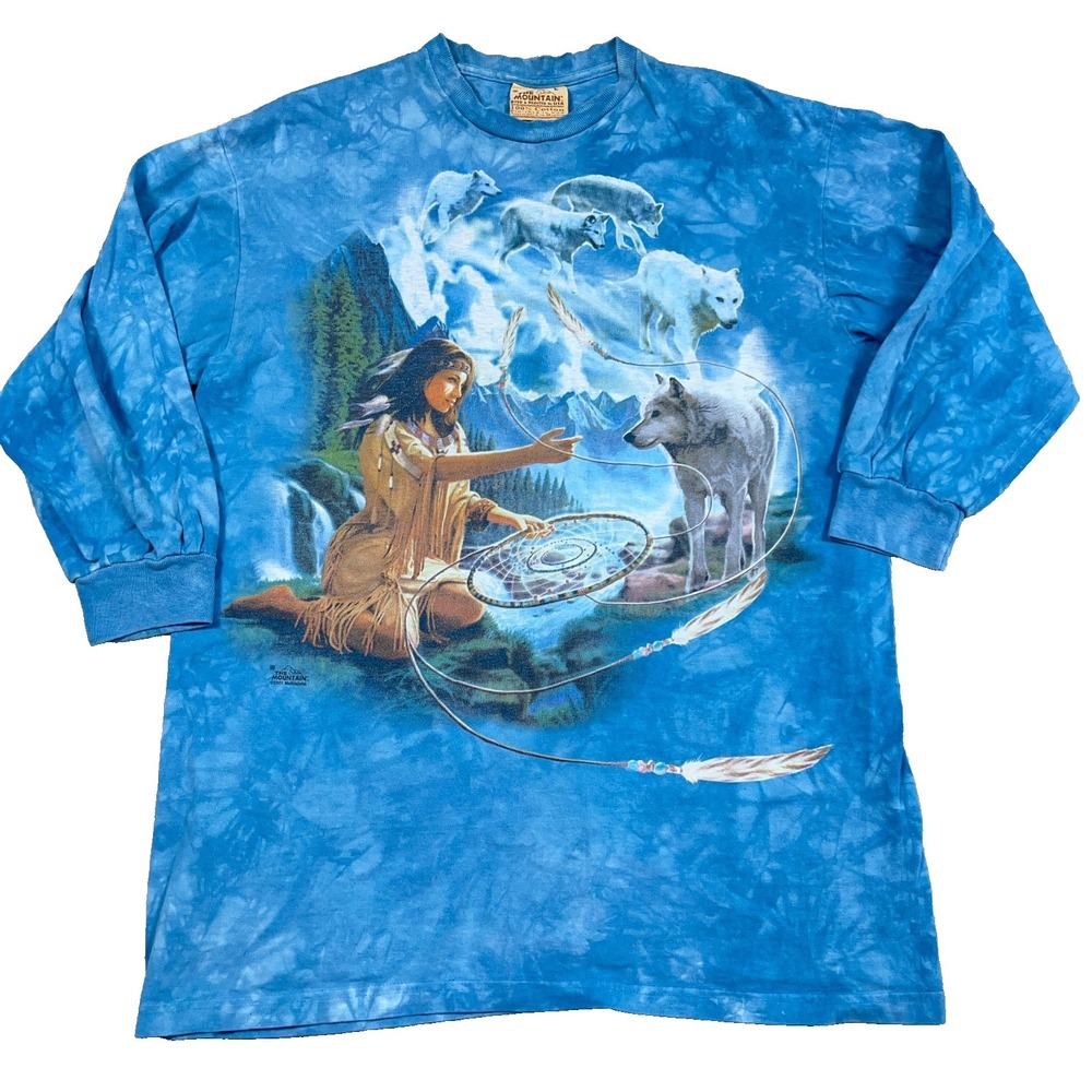 Vintage The Mountain Shirt Women Large Blue Tie Dye Indian Wolf Nature Y2K LS